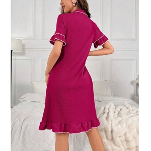 Women's rose pink short sleeve nightgown with white ruffle trim and A-line back view