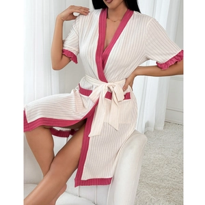 Short sleeve V-neck knit robe in cream and pink contrast trim with tie-waist and ruffles