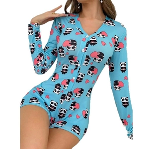 Pyjama combishort femme à manches longues col en V avec imprimé panda mignon bleu clair
