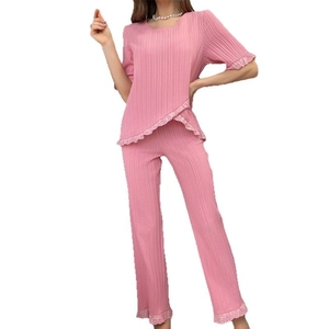 Pink striped loungewear set with lace trim and asymmetrical hem for women