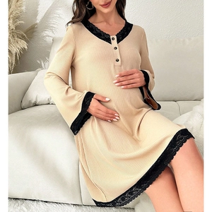 Loose maternity lace trim nightdress in beige rib-knit fabric with black lace details