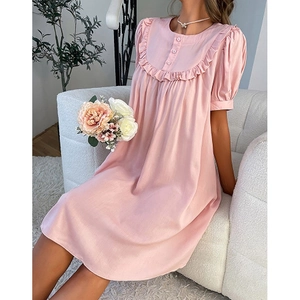 Pink short sleeve nightdress with ruffle collar and button detail in loose fit
