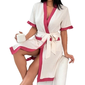 Women's V-neck loungewear robe with hot pink trim and adjustable waist tie belt