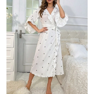 Polka dot wrap pajama dress with ruffled trim and waist tie for a sweet home look