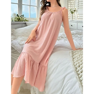 Pink ribbed sleeveless nightdress with ruffle hem and thin straps for home wear