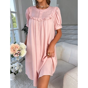 Pink crewneck short sleeve sleepwear dress with ruffle collar and button detail