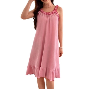 Pink sleeveless slip nightgown with pleated fabric and red scalloped ruffle hem for women