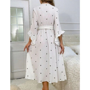 Polka dot ruffled dress sleepwear in white and grey seen from a model's back view