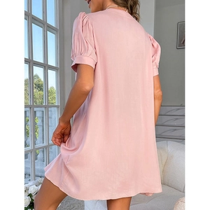 Short sleeve pink loose nightdress for women with bubble sleeves and back V-cut detail