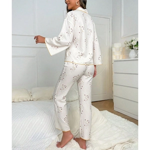Floral print long-sleeve pajama set for women with yellow piping and waffle texture
