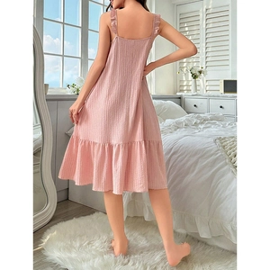 Chic pink textured sleeveless slip nightdress with ruffle straps and mermaid hemline