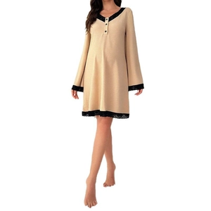 Lace-trimmed loose-fit long sleeve rib-knit nightgown dress for women in beige