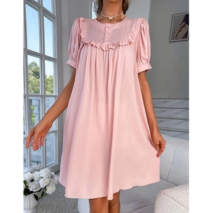 Pink short sleeve loose dress with ruffle details and round neck for women home wear