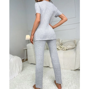 Grey ribbed knit loungewear set for women with short sleeve top and long pants