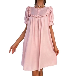Pink short sleeve nightdress with round neck and ruffle details in loose fit