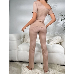 Women's rib-knit off-shoulder short sleeve top and long pants loungewear set in apricot pink