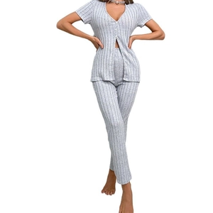 Women's V-neck heather grey ribbed knit pajama set with short sleeves and long pants