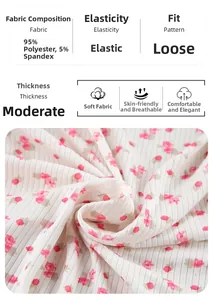 Detail of floral printed rib-knit fabric with 95% polyester and breathable texture