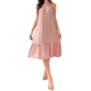 Pink sleeveless babydoll dress with ruffle hem and pleated texture for summer loungewear