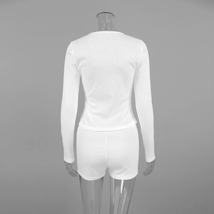 Rear view of white knitted jacquard pajamas set with long sleeves and shorts