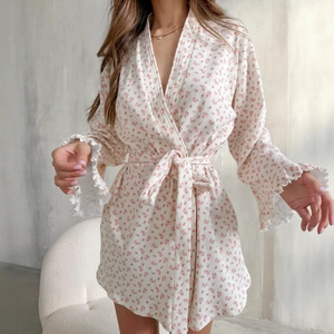 Women's Floral Long Sleeve Knit Ribbed Robe V-Neck Ruffle Cuff Tie Waist Sleepwear Casual Lounge Wear Dressing Gown