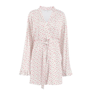 White floral knit robe with lace-up waist and ruffled sleeves for a sweet loungewear style