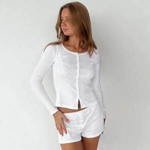 White knit jacquard pajama set with long sleeves and lace trim detail for women