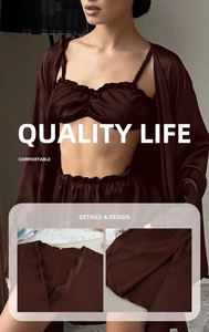 Detail of dark brown satin loungewear set featuring a smooth texture and ruffle trim