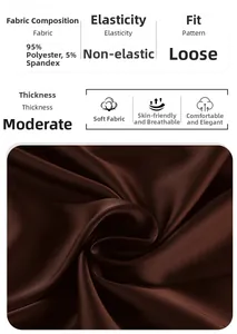 Detail of dark brown satin fabric texture showing 95% polyester and 5% spandex blend material