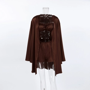 Detailed look at the chocolate satin three-piece sleepwear set with a glossy finish
