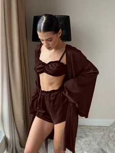 Three-piece satin sleepwear set in dark brown with camisole, shorts and long robe