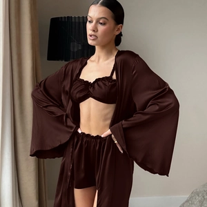 Chocolate brown 3-piece satin sleepwear set with robe, camisole top, and high-waist shorts