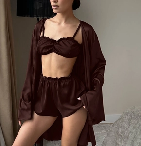 Three-piece chocolate brown satin sleepwear set including robe, camisole, and shorts