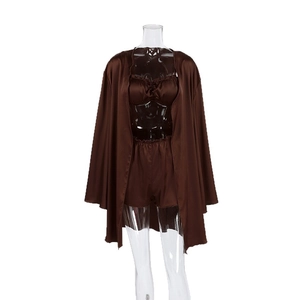 Women's 3-piece brown satin pajama set including robe, camisole top, and shorts