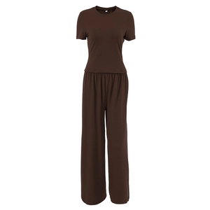 Conjunto de ropa de casa marrón chocolate para mujer con top corto y pantalón ancho