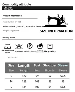 Size chart for women's double-layer cotton bathrobe with measurements and washing care guide