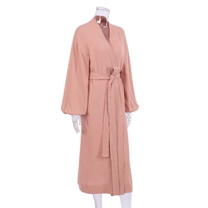 Detail of dusty pink double-layer cotton gauze robe with soft crinkle texture