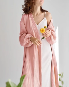 Detailed texture of dusty pink double-layer cotton gauze bathrobe with a loose fit