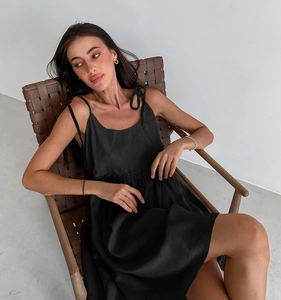 Detailed view of black cotton linen sleepwear showing drawstring chest and thin straps