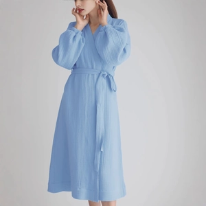 Light blue double-layer cotton gauze bathrobe for women with long lantern sleeves and tie waist