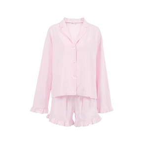 Ensemble pyjama en coton rose pour femmes avec haut à manches longues et short volanté