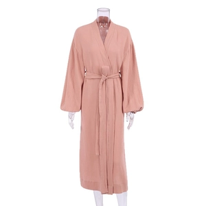 Orange pink cotton double gauze bathrobe with V-neck long sleeves and belted waist