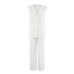 Zweiteiliges weißes Baumwoll-Pyjama-Set mit ärmellosem V-Ausschnitt-Top und weiter Hose