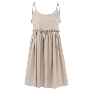 Summer cotton linen slip nightdress for women in light beige with ruffle waist detail