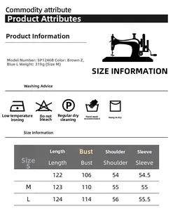Size chart showing S, M, L dimensions for the long sleeve cotton crepe bathrobe and care guide