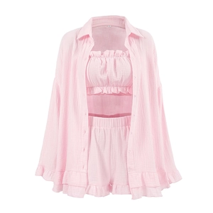 Roze 3-delige loungewear set met ruches, shirt met lange mouwen, top en korte broek