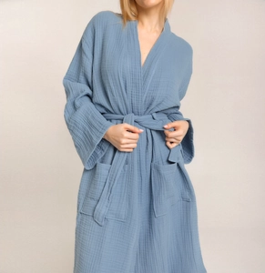 Detail of gray-blue crepe cotton bathrobe with kimono collar and large side pockets