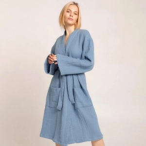 Women Casual Muslin Cotton Robe Long Sleeve V Neck Kimono Bathrobe Belted Sleepwear With Pockets Soft Loungewear