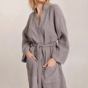 Soft grey muslin cotton bathrobe with waist tie and pockets for loungewear comfort
