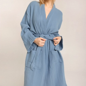 Morandi blue muslin cotton bathrobe for women featuring V-neck and waist tie design